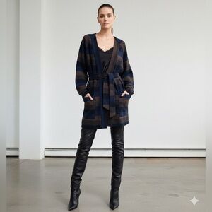 Hinge Retro Grunge Striped Belted Slouchy Cardigan Sweater Blue Brown S Pockets